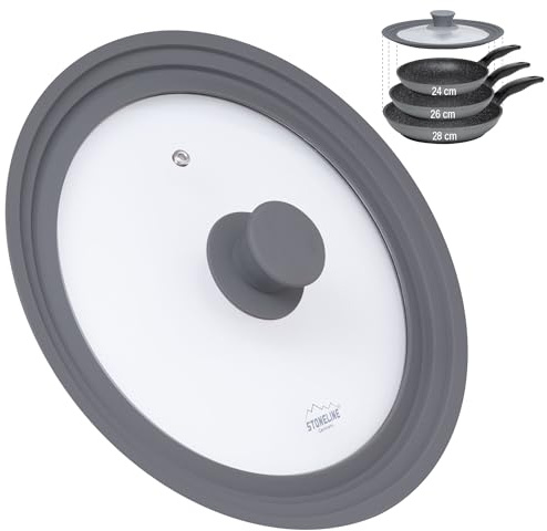 STONELINE 3 in 1 Universaldeckel für Töpfe und Pfannen mit 24/26/28 cm Universal Glasdeckel mit abgestuftem Silikonrand Platinsilikon, hitzebeständig platzsparend, 3 Größen, Grau