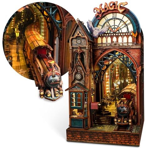 FUNPOLA Magic Station Book Nook Kit LED 3D Holzpuzzle fur Erwachsene | 231 Präzisionsteile, Herausfordernd 6-8 Std., Endlos-Spiegel, Bahnhof-Szene, Warmes LED Licht, Regal-Deko, Sammler Geschenk