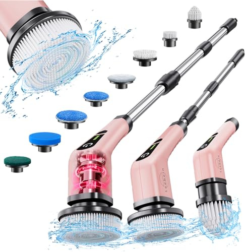 Elektrische Reinigungsbürste,Electric Spin Scrubber schnurlos mit 8 austauschbaren Bohrbürstenköpfen, Wanne und Bodenfliese mopSet mit 137cm verstellbarem Griff für Bad Küche Auto Fußboden (Weiß)