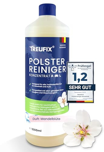 Treufix - Polsterreiniger Konzentrat für Sofa, Couch & Matratzen - Effektives Teppich Reinigungsmittel 1L - Geeignet für Waschsauger, Nasssauger und Handreinigung - Made in DE- Mandelblüte