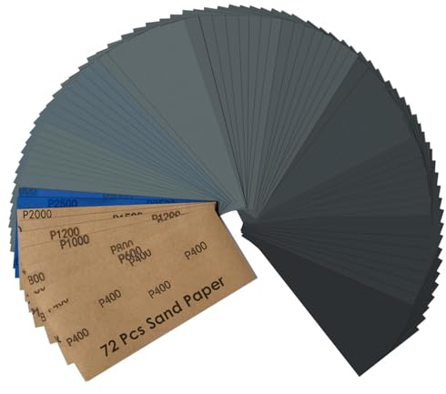 Schleifpapier Set, Nass und Trocken Sandpapier 23 x 9 cm, Körnung 400 600 800 1000 1200 1500 2000 2500 3000, Fein Schleifpapier für Auto Metall Holz Lack Wände Glas Schleifen Finishing (72 Stück)