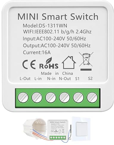 1 Stück Alexa Lichtschalter, Smart Home Lichtschalter Kompatibel Google Home, Alexa Schalter mit Tuya app, Mini Smart Switch, Neutralleiter Erforderlich