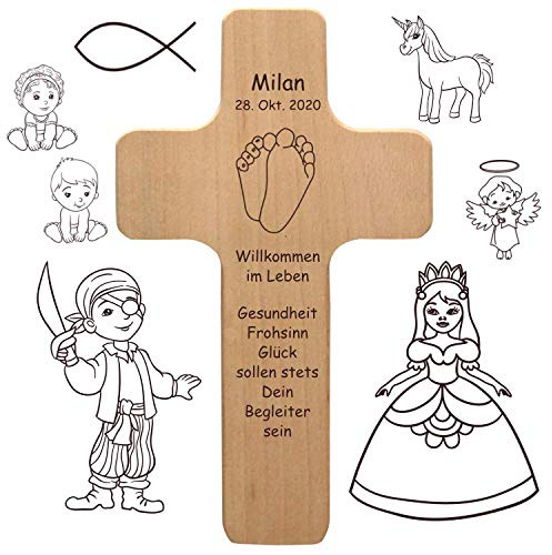 Geschenkissimo Kinderkreuz mit individueller Gravur - personalisiert mit Name, Spruch, Motiv - Kinder Holzkreuz als Taufgeschenk, Geschenk zur Kommunion, Konfirmation für Jungen und Mädchen