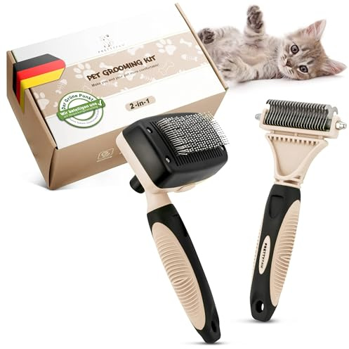 Pretty Paw Katzenbürsten Set mit Zupfbürste & Katzenkamm – Sanfte Fellpflege für Kurzhaar- & Langhaarkatzen, entfernt lose Haare und Unterwolle