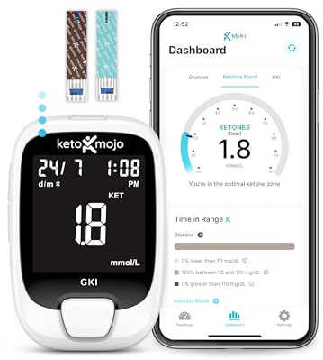 KETO-MOJO GKI Bluetooth-Glukose- & Keton-Testkit (mg/dL) + kostenlose App zur Ketose- & Diabetes-Überwachung – 20 Teststreifen (je 10), Messgerät, 20 Lanzetten, Stechhilfe & Kontrolllösungen