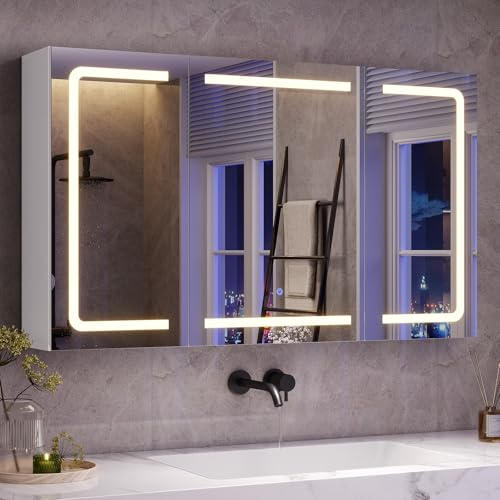 mojiasion Spiegelschrank Bad 100 cm breit mit LED-Beleuchtung, Steckdose & 3 Farbtemperaturen | Dimmbarer Badezimmerschrank mit Touch-Sensor 60×100×16 cm (H×B×T) | Spiegel +3 verstellbaren Regalen