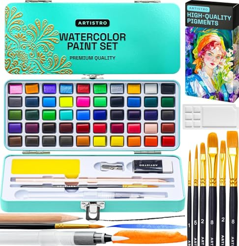 Artistro 50 Aquarellfarben Set – Leuchtende Farben in tragbarer Box inkl. Mischpalette, Metallic- und Fluoreszenzfarben – Perfektes Reise-Aquarellfarben Set für Künstler, Hobbykünstler
