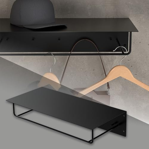 ML-Design Wandgarderobe mit Hakenleiste, Kleiderstange & Hutablage, Stahl, 60x30x15 cm, Schwarz, Metall Flurgarderobe für Jacken & Mäntel, Garderobe, Wandmontage, Garderobenpaneel hängend für Eingang