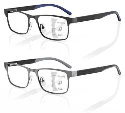 Amorays 2 Pack Gleitsichtbrille Progressive Multifokus Lesebrille Herren Metall Anti-Blaulicht Lesebrillen mit Federscharniere 8003(Schwarz&Grau，+1.50