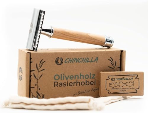Chinchilla Rasierhobel Olivenholz & Metall 50 Rasierklingen nachhaltiger Nassrasierer für Damen & Herren inkl. Beutel & plastikfrei