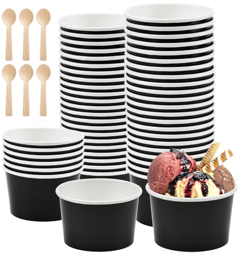 REFORUNG 50 Stück Eisbecher 240 ml Papierbecher Einweg-Eisbecher Eisschale für schwarzen Kuchen Papierbecher mit 50 Eislöffeln für Eiscreme Joghurt Suppe