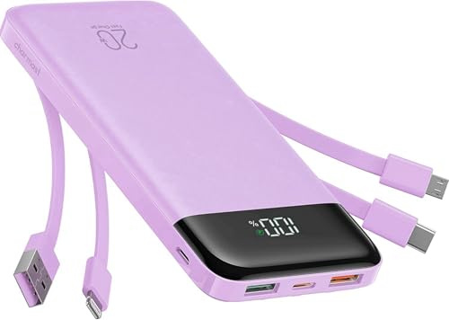 Charmast Power Bank, 22,5W Powerbank 20000mAh mit 4 Kabel und LED-Display, USB C PD3.0 QC4.0 Externe Handyakkus mit 6 Ausgängen Kompatibel mit iPhone 17 16 15 14 13 12 11 Pro Max Samsung Tablet (Lila)