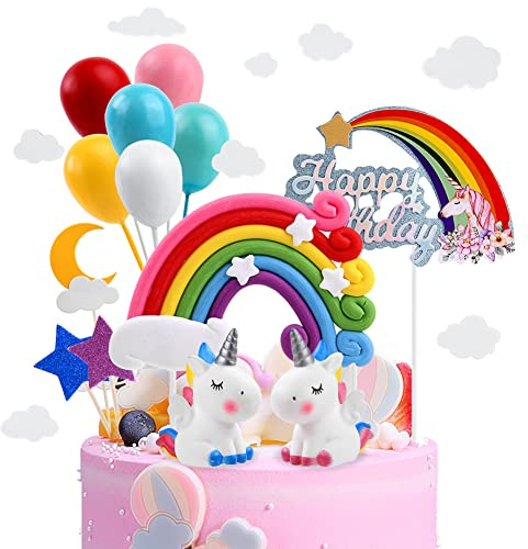 OSDUE Einhorn Tortendeko Geburtstag, Kuchendeko, Macaron Kuchen Deko, Happy Birthday, Topper Einhorn, Regenbogen, Wolke, Ballon für Kinder Mädchen Junge