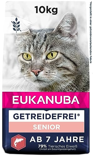 Eukanuba Senior Katzenfutter trocken getreidefrei mit Lachs, 10kg | Premium Trockenfutter | ohne Getreide | mit viel Lachs | für ältere Katzen