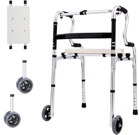 Gehhilfe für Senioren, Gehgestell Höhenverstellbar aus Aluminium mit 2 Lenkrollen, Tragbare Zusammenklappbare Gehhilfen, Gehhilfe Gehbock 6 Gang HöHenverstellung mit Abnehmbarem Sitz, bis 150 kg