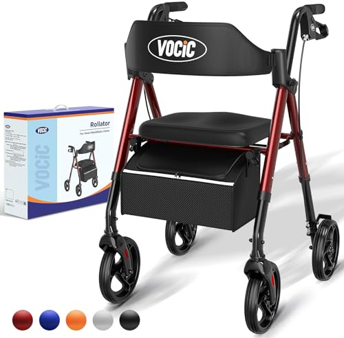 VOCIC Rollator Faltbar und Leicht mit Sit,Rollatoren Schmal für Wohnung,Rollatoren für Senioren Klappbar mit 20cm Reifen für All Gelände,Sitz und Griff Höhenverstellbar,5 Jahre Support|Dunkelrot