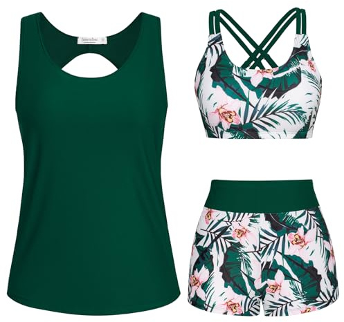 JASAMBAC 3-teiliger Tankini Damen Bauchweg, Push-up-Bikinioberteil und High Waist Badeshorts, einfache Badebekleidung, Damen-Sport-Badeanzug, Bademode für Schwimmbad, Strand