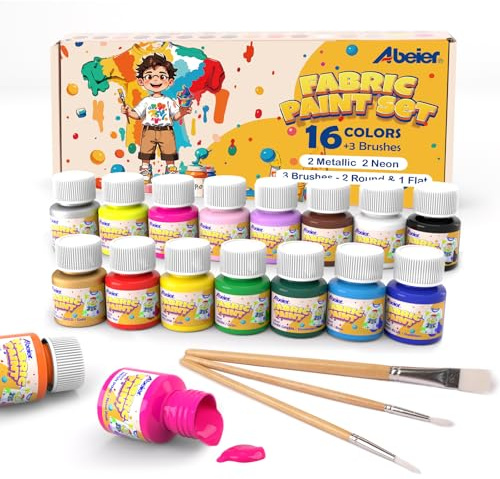 ABEIER Textilfarbe Waschmaschinenfest Permanente Stoffmalfarben, Set aus 16 x 20ml Stofffarben in Fläschchen,Enthält 3 Pinsel.Das Textilfarben-Set eignet sich für Kleidung, Taschen und allen Stoffen