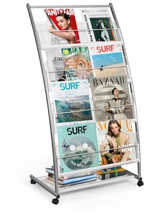 SUNDOY Prospekthalter & Zeitungsständer – Bodenstehend Schrägsteller Buchständer, Scrollen Literaturhalter für Broschüren & Magazine mit 4 Ablagen (Silber, 4 Lagen, 59 cm breit)