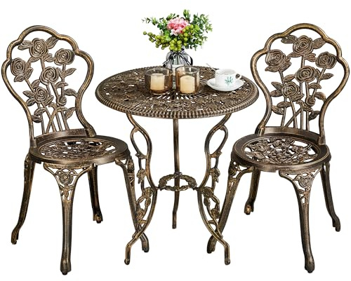 Yaheetech 3tlg. Bistro Set Balkonset Gartenset mit Stühlen, Zwei Sitzhocker Gartenmöbel im antiken Stil Aluguss Bronze