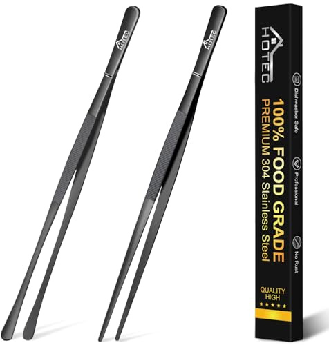 Hotec Edelstahl-Kochpinzette, professionelle Küchenzange zum Kochen, Grillen und Backen, extra lange Lebensmittelpinzette, Set von 2 - 30,5 cm, Schwarz, NZ-B02
