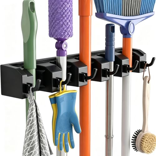 AceMining Besenhalterung Wand, 5 Halter + 6 Haken Gerätehalter, Gartengerätehalter, ABS Kunststoff Besenhalter, Dicker Langlebiger Mopp Wandhalterung für Zuhause Küche Garage (Schwarz 1 Pack)
