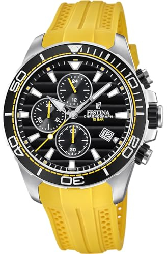 Festina Herren Uhr Analog mit Gelbem Kautschukarmband - Quarzwerk - Sportliche Herrenuhr - Chronograph - Kalender - Mineralglas - Wasserdicht bis 10 ATM F20370/2 Special Prices