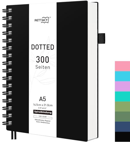 RETTACY Notizbuch A5 Gepunktetes, Bullet Dot Journal, Spiral-Notizbücher 150 Blatt/300 Seiten zum Schreiben, 100gsm, PVC Hardcover, für Frauen Männer Arbeit Büro Schule, 14.5 x 21cm – Schwarz
