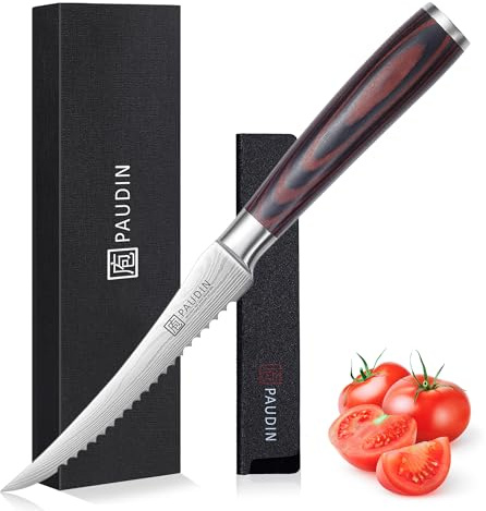 PAUDIN Tomatenmesser 13 CM, Professionelles Küchenmesser für Tomaten, Messer für weiches Obst und Gemüse, Anti-Haft frühstücksmesser, buttermesser mit Scharfes Klinge und Ergonomischer Holzgriff