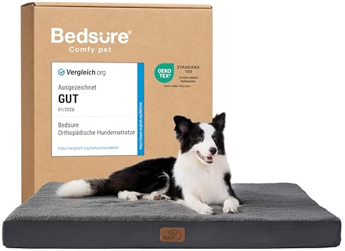 BEDSURE orthopädisches Hundebett Grosse Hunde - 112x81x7.6cm Hundekissen waschbar Hundematte mit abnehmbarem Plüsch-Sherpa-Bezug Hundematratze Rutschfester Unterseite in dunkelgrau für große Hunde