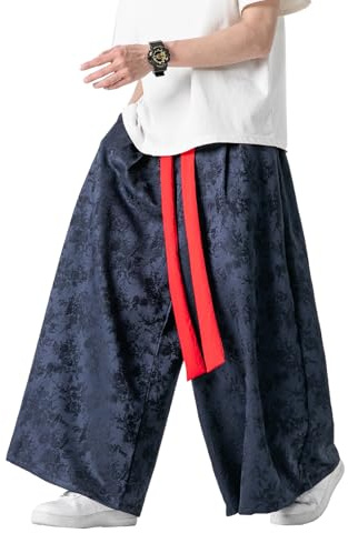 GMOYD Herren-Harajuku-Hose mit weitem Bein, Jacquard, Haremshose, Streetwear-Hose, Marineblau, L