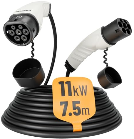 ABSINA Typ 2 Ladekabel 11kW & 16A für Hybrid & Elektroauto - 7,5 Meter Typ 2 Ladekabel 3 phasig - Mode 3 Ladekabel - Kompatibel mit Model 3, e-Up, ID.3, Zoe, EQ fortwo, Kona Elektro, ID.4 UVM