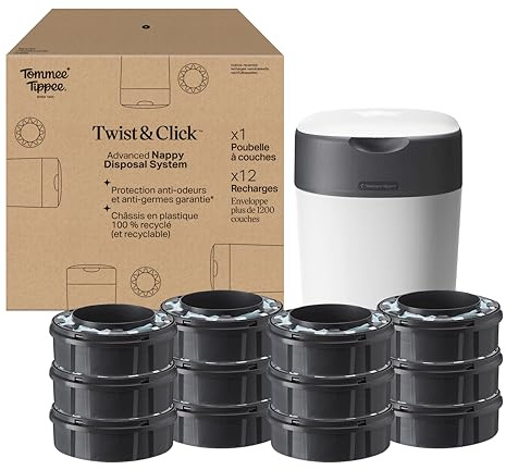 Tommee Tippee Twist & Click Advanced Windeleimer, mit 12-er Pack Nachfüllkassetten mit einer mehrschichtigen, antibakteriellen Folie gefüllt, Weiß (Verpackung kann variieren)