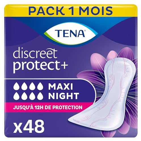 TENA Discreet Maxi Night - 48 Einlagen im Monatspaket (8 x 6 Stück), einzeln verpackt - Hygieneeinlagen für Frauen - bei mittlerer bis starker Blasenschwäche während der Nacht, Packaging may vary