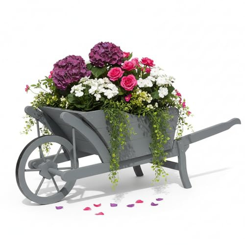 Melko Pflanzschubkarre Blumenkarre aus Holz 129 × 45 × 43 cm Schubkarre Pflankarre Grau für Außenbereich