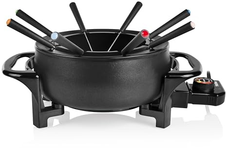 Tristar Fondue-Set 1,5 L für 8 Personen, 1000 Watt – Multifunktionaler Fonduetopf für Öl-, Käse-, Schokoladen- und China-Fondue, inkl. 8 Gabeln und Spritzschutzring, leicht zu reinigen