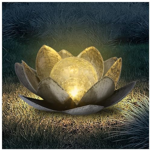 FLOWood Solarlampen für Außen Garten Lotus, Gartendeko für Draußen Lotusblten mit Crack Glas Kugel, Garten Geschenke für Frauen(Silber)
