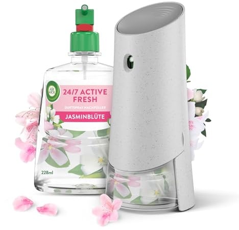 Air Wick Active Fresh – Starter Set – Aeorosolfreier, automatischer Lufterfrischer – Raumduft Jasminblüte – 228 ml Nachfüller + Gerät