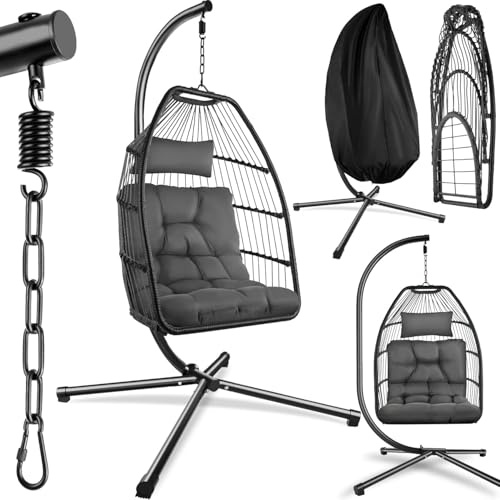 tectake® Hängesessel mit Gestell, Dicke Kissen, Möbel, Deko für Wohnzimmer, Jugendzimmer, Balkon, Outdoor oder Indoor Schaukel Sessel, Kinder & Erwachsene, belastbar bis 160kg - dunkelgrau