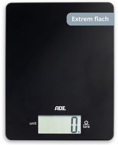 ADE Digitale Küchenwaage mit 5 kg Tragkraft | präzise Grammwaage | großes Display | extra flacher Korpus nur 9 mm hoch | schwarz