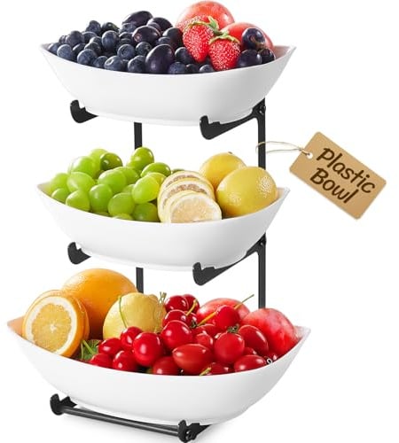 Lifewit Obst Etagere mit 3 Etagen, Kunstsoff Obstschale mit Schwarzem Metallregal, Obstkorb Etagere mit Servierplatten für Snack Gemüse Kekse Desserts, Buffet Party Zubehör, 28 x 35 cm/11×14", Schwarz