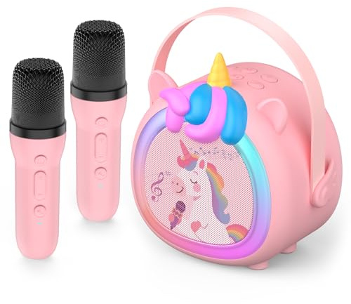 Kinder Karaoke Maschine Einhorn mit 2 kabellosen Bluetooth Mikrofonen | Kompaktes Musikspielzeug, ideal als Geburtstagsgeschenk für Mädchen ab 6 Jahren für Zuhause und Kinderpartys