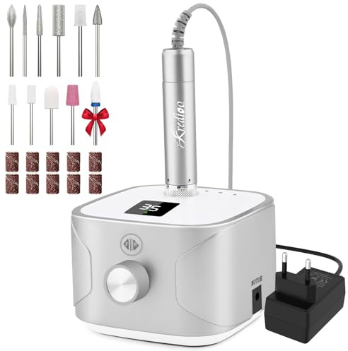 Kredioo Nagelfräser für Gelnägel und Acrynägel 35000 U/min Fräser Set mit LED-Display und 11 Bits Geeignet für Nagelstudio und DIY Silber