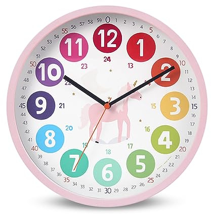 DASIAUTOEM Uhren für Kinder, Lernuhr ohne Tick Geräusche, Farbenfrohe Wanduhr 10 Zoll für Kinderzimmer und Klassenzimmer (Einhorn)