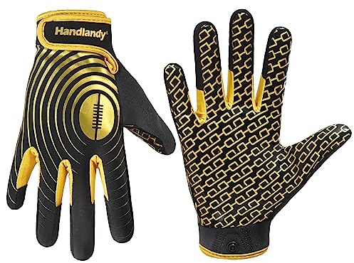 HANDLANDY Jugend American Football Handschuhe Klebrige Wide Receiver Handschuhe für Kinder Stretch Passform Football Handschuh (Schwarzgold, S)