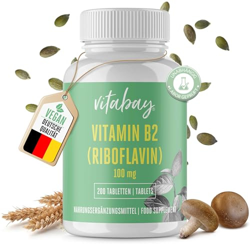 Vitabay Vitamin B2 (Riboflavin) | 200 vegane Tabletten | Hochdosiert mit 100 mg | Laborgeprüft & hergestellt aus hochwertigen Rohstoffen