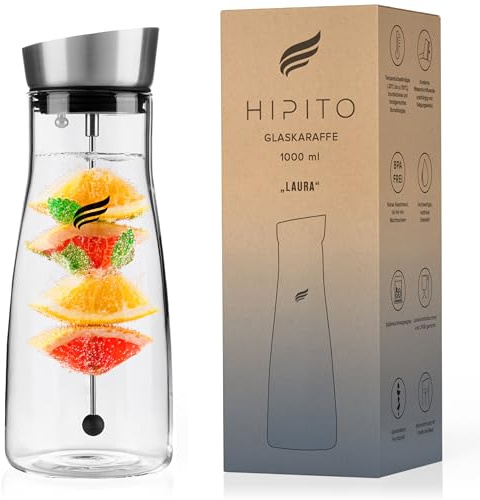 HIPITO Glaskaraffe 1,0l mit Fruchtspieß & Edelstahldeckel – Premium Wasserkaraffe aus hitzebeständigem Borosilikatglas – Glaskaraffe mit Fruchteinsatz, tropffreier Ausguss, spülmaschinenfest