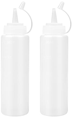 KYSUN 2 Stück Plastik Squeeze Flasche, 8oz Quetschflasche, 250ML Condiment Flaschen für Malen Backen Ketchup Scharfe Soße Olivenöl Saucenflasche mit Auslaufsicher Kappen & Messungen (Transparent)