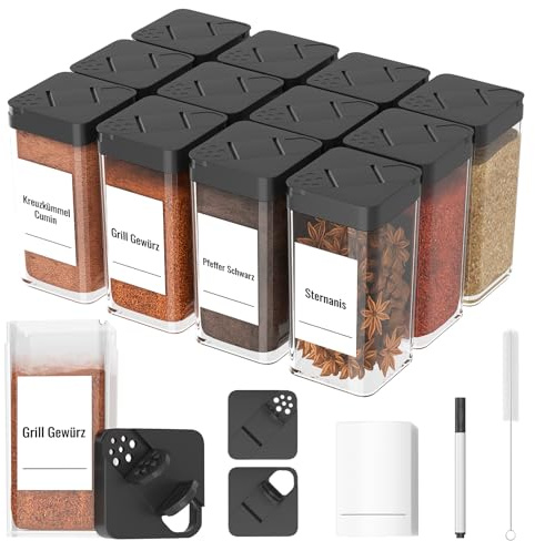 Homhut Gewürzgläser Eckig Set Mit Deckel [12x 120ml], Stabiler Plastik Gewürzstreuer Luftdichte, Gewürzdosen Mit Streueinsatz, Spice Jars Mit 36 Etiketten, Gewürz Organizer Schwarz