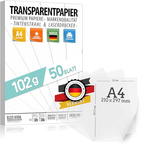 50 Blatt Blatt Transparentpapier bedruckbar DIN A4 PREMIUM 102g zum selber | Bedrucken, Basteln Laternenpapier – Abpauspapier – Pauspapier, Tischkarten und Laternen selber basteln aus deutschland